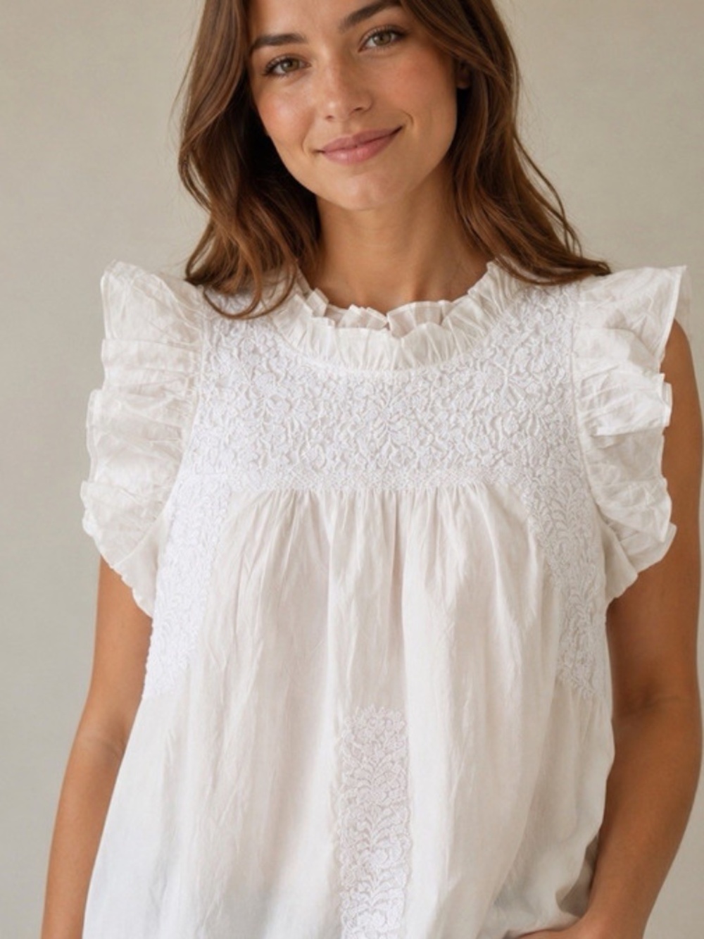 j. marie White Embroidered Ruffle Sleeve Blouse 100% Rayon Size L